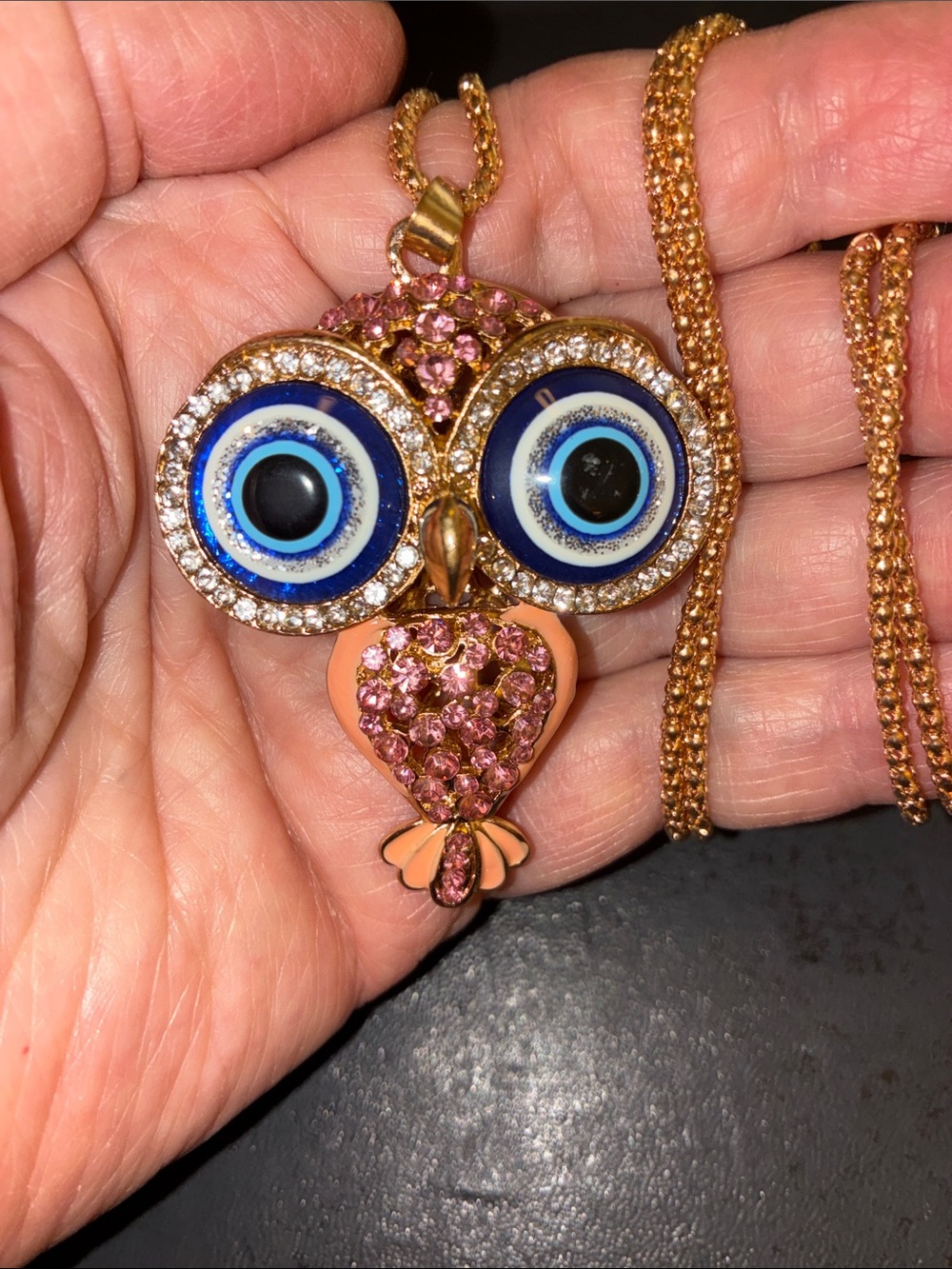 Pink Crystal Owl Pendant Necklace With Moving Tail Feathers